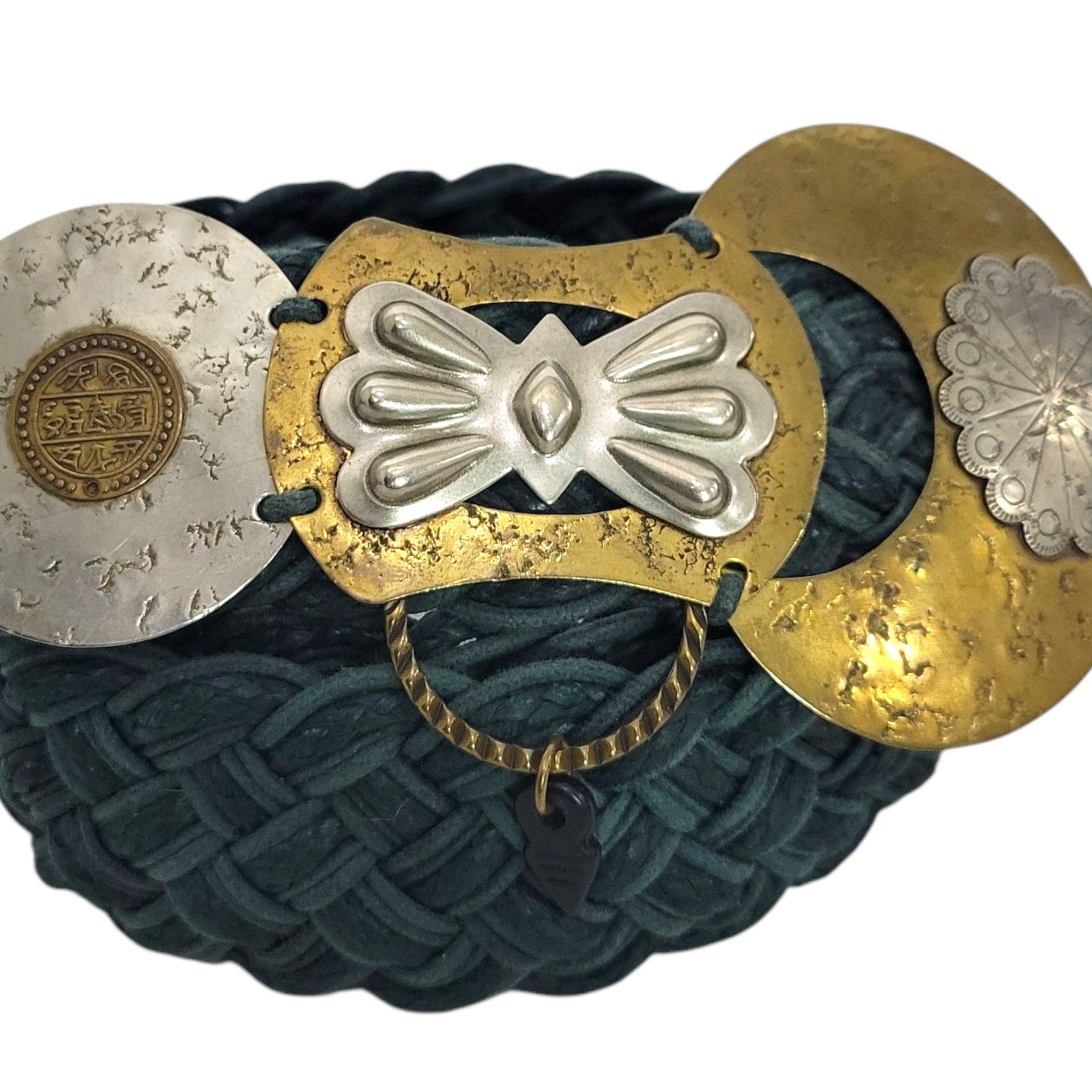 Baer SF Braided Belt Green Leather Mixed Embellished Media Metals Discs Arty Bohemian Handmade