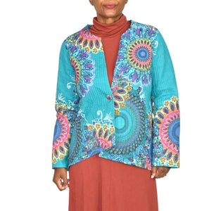 Soft Surroundings Quilted Jacket Green Teal Boho Paisley Floral Cotton Mandala Print Artistic XS