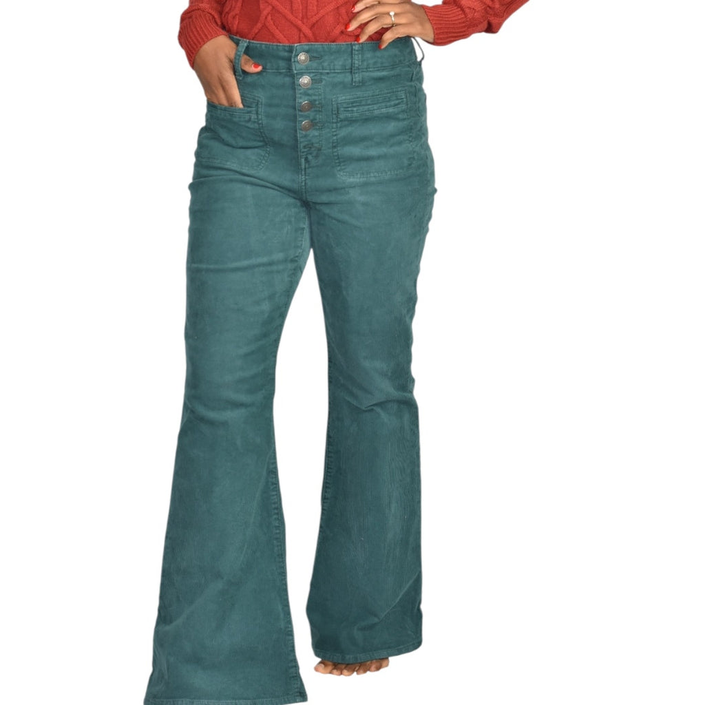 American Eagle Super Hi Rise Flare Corduroy Pants Green Button Fly Retro Teal 8