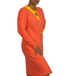 Vintage Steve Fabrikant Knit Dress Orange Color Block Button Front Jeweled Funky Medium