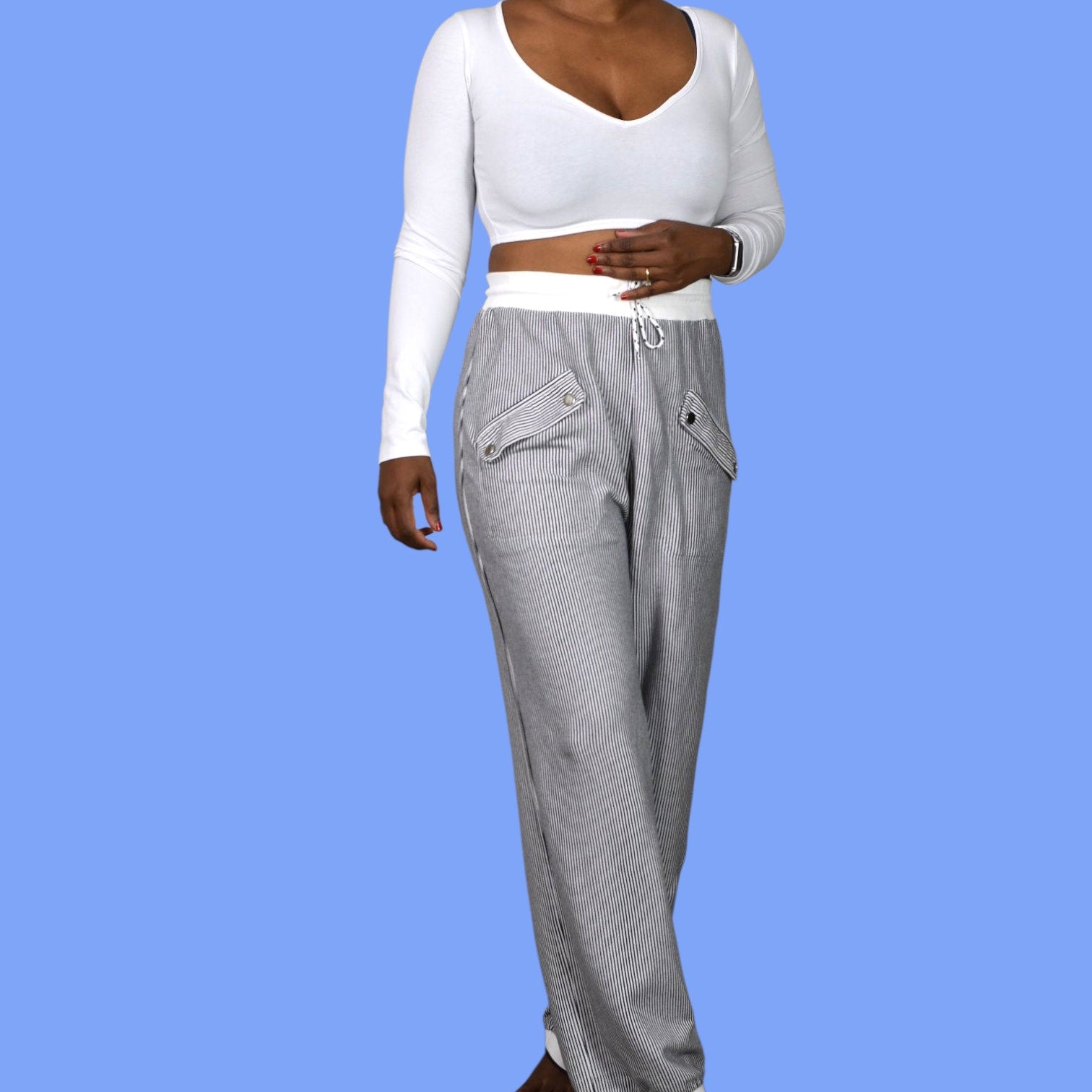 Vintage Lyse Spenard Weekend Pants Black Stripe Knit Drawstring Pull On Stretch Lagenlook Large
