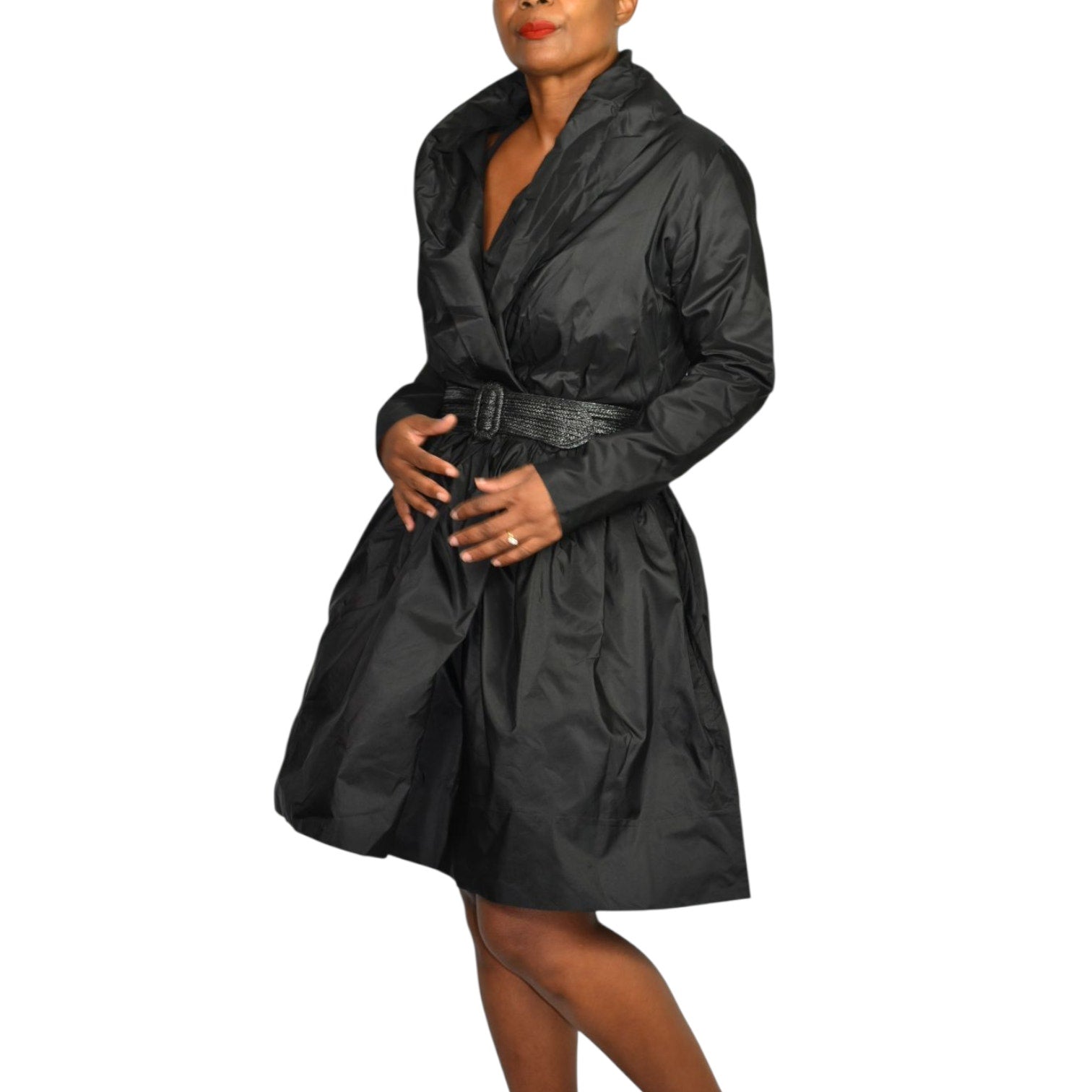 Catherine Regehr Silk Dress Black Wrap Taffeta Evening Formal Shawl Collar Crinoline Henri Bendel Medium