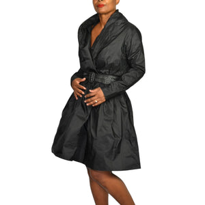 Catherine Regehr Silk Dress Black Wrap Taffeta Evening Formal Shawl Collar Crinoline Henri Bendel Medium
