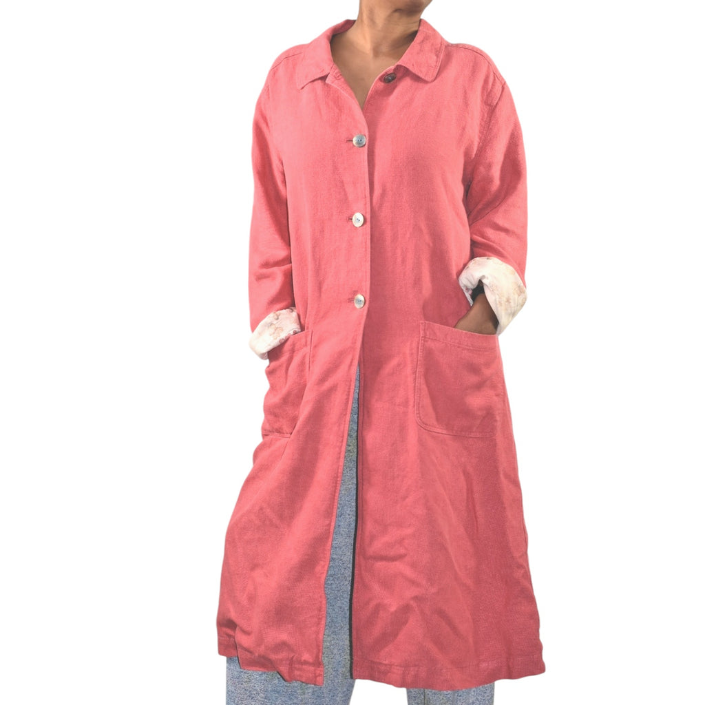 Vintage J Jill Linen Coat Pink Coral Duster Trench Overcoat Long Midi Oversized Size Medium Tall