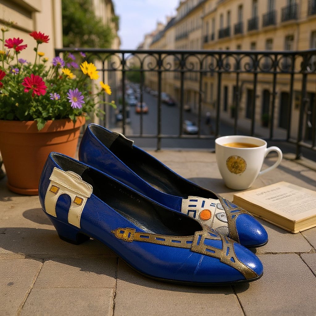 Vintage Margaret J Eiffel Tower Pumps Blue Leather Paris France Kitten Heel Almond Toe 8
