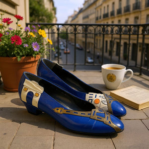 Vintage Margaret J Eiffel Tower Pumps Blue Leather Paris France Kitten Heel Almond Toe 8
