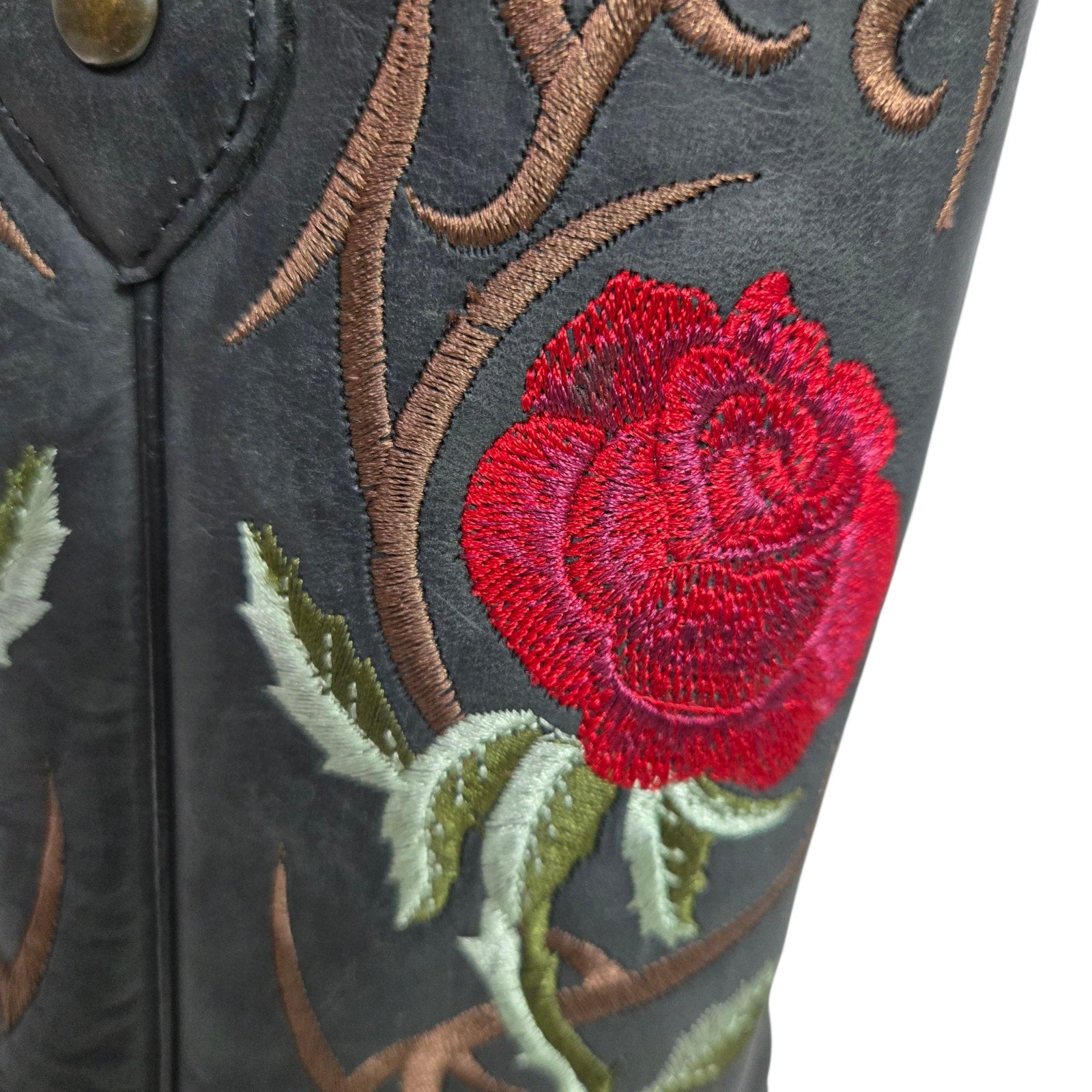 Rockem Rose Embroidered Cowboy Boots Black Western Cowgirl Square Toe Leather 7 Girls