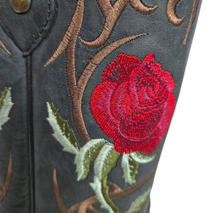 Rockem Rose Embroidered Cowboy Boots Black Western Cowgirl Square Toe Leather 7 Girls