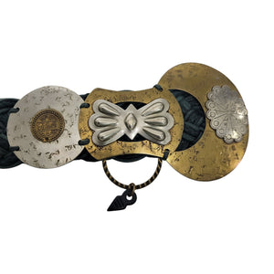 Baer SF Braided Belt Green Leather Mixed Embellished Media Metals Discs Arty Bohemian Handmade