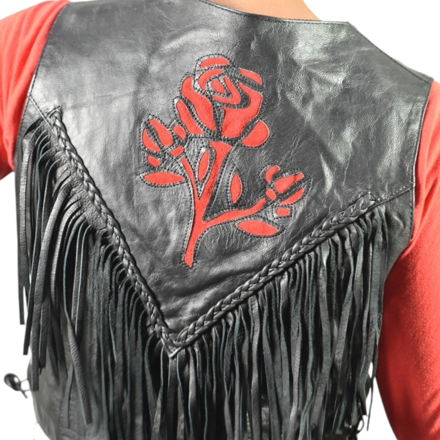 Vintage Hot Leathers Biker Rose Fringe Vest Black Leather Laced Retro Embroidery Moto Large