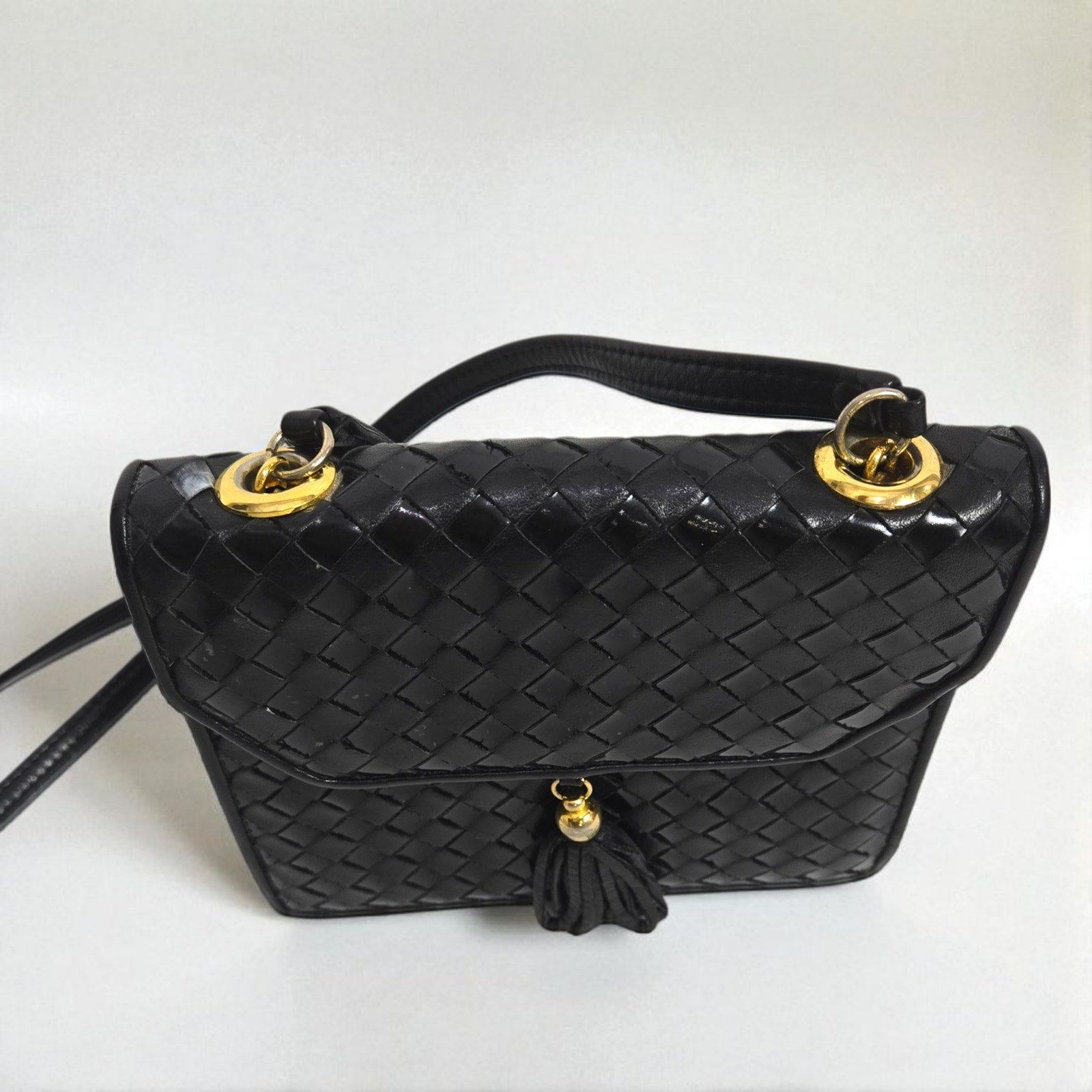 Vintage Talbots Woven Tassel Bag Black Leather Crossbody Mini Box Square Snap Flap Envelope