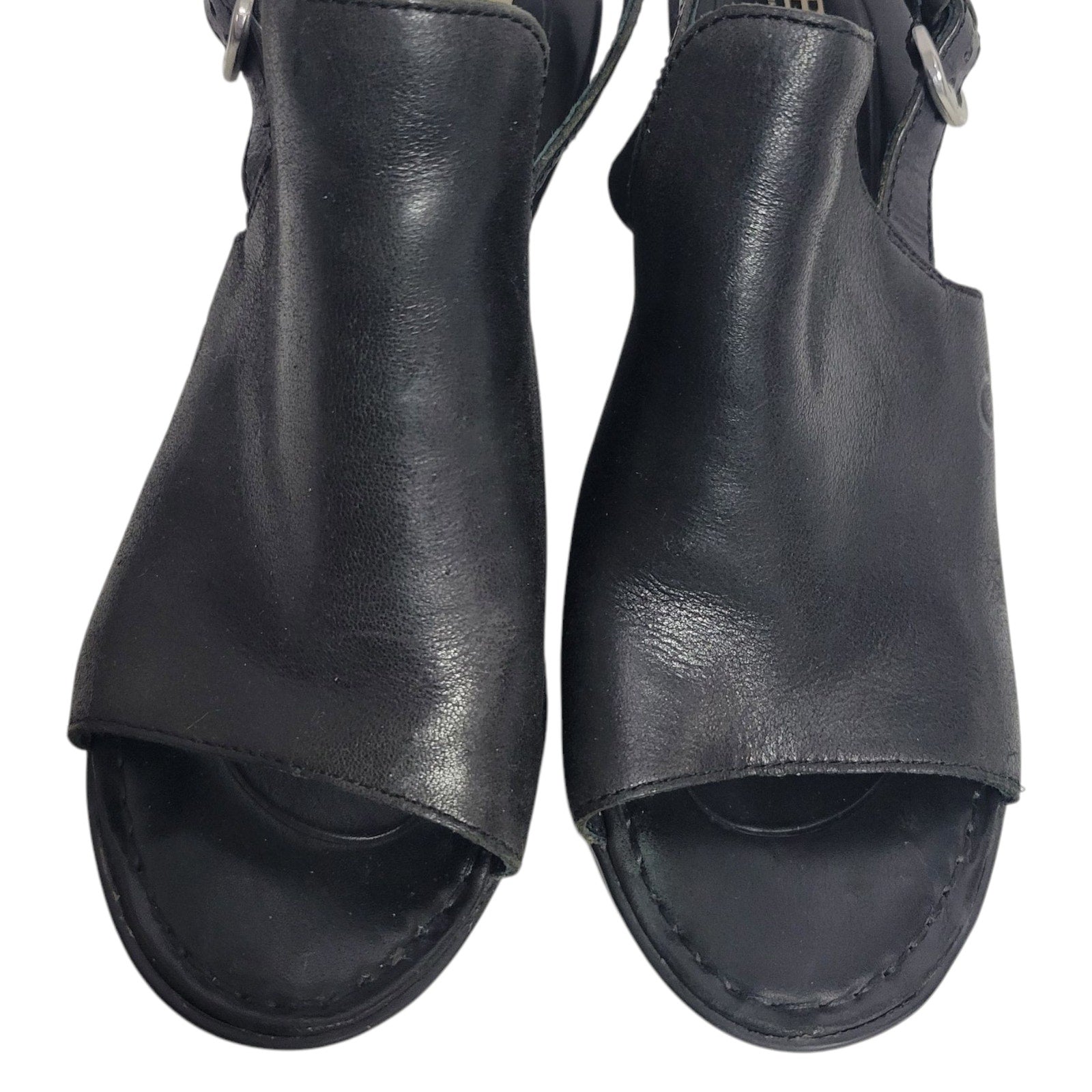 Born Bevi Wedge Heels Black Open Toe Leather Slingback Comfort Cushioned Buckle 7