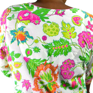 Gretchen Scott Cotton Tunic Pink Colorful Wonderland Top Blouse Cotton Floral Side Slits Split Neck Large