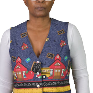 Homemade School Bus Teacher Vest Blue Kids Bus Button Front Cotton Novelty Waistcoat Small