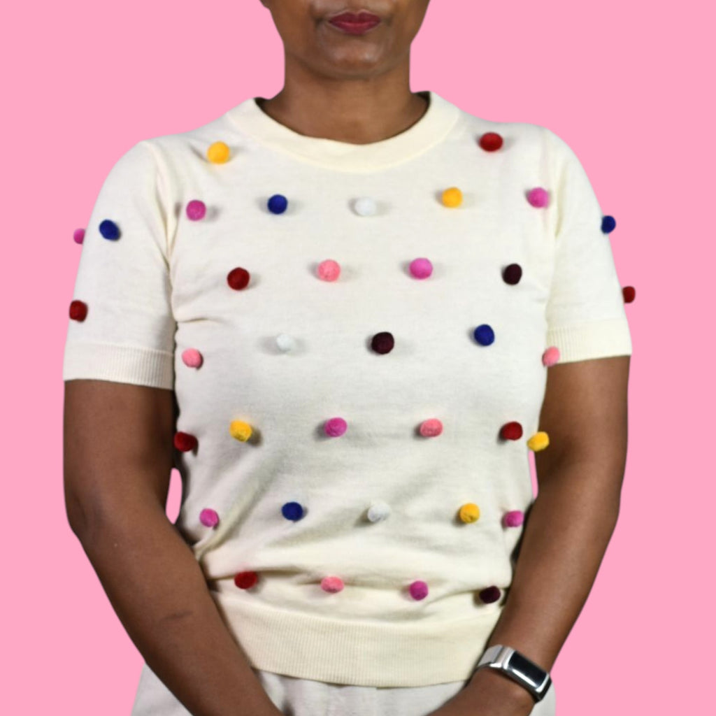 Kate Spade Pom Pom Sweater White Rainbow Colorful Short Sleeve Pullover Embellished Small
