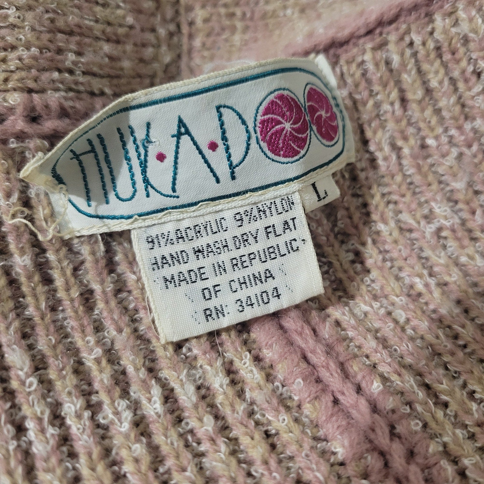 Vintage Huk A Poo Cardigan Sweater Tan Short Sleeve Knit Shawl Collar Lettuce Hem 70s Large