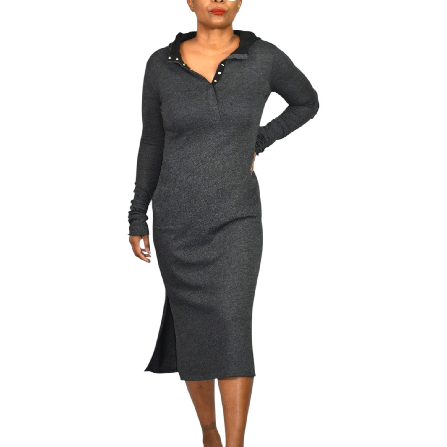 Noctex Sweater Dress Grey Charcoal Wool Midi Hooded Pockets Slits Elbow Patches XS