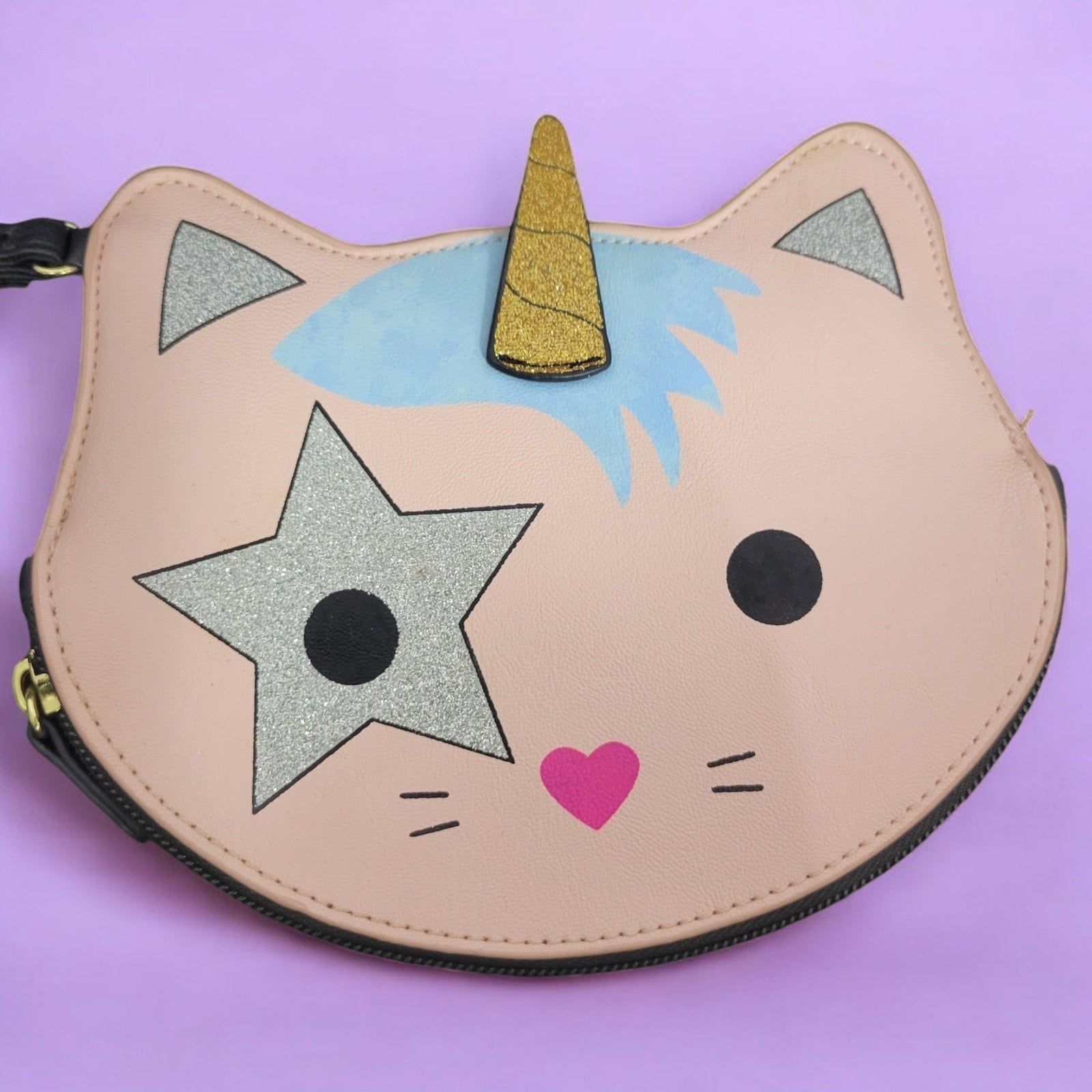 Luv Betsey Johnson Unicorn Cat Wristlet Pouch Kitty Glitter Shimmer Clutch Coin Purse