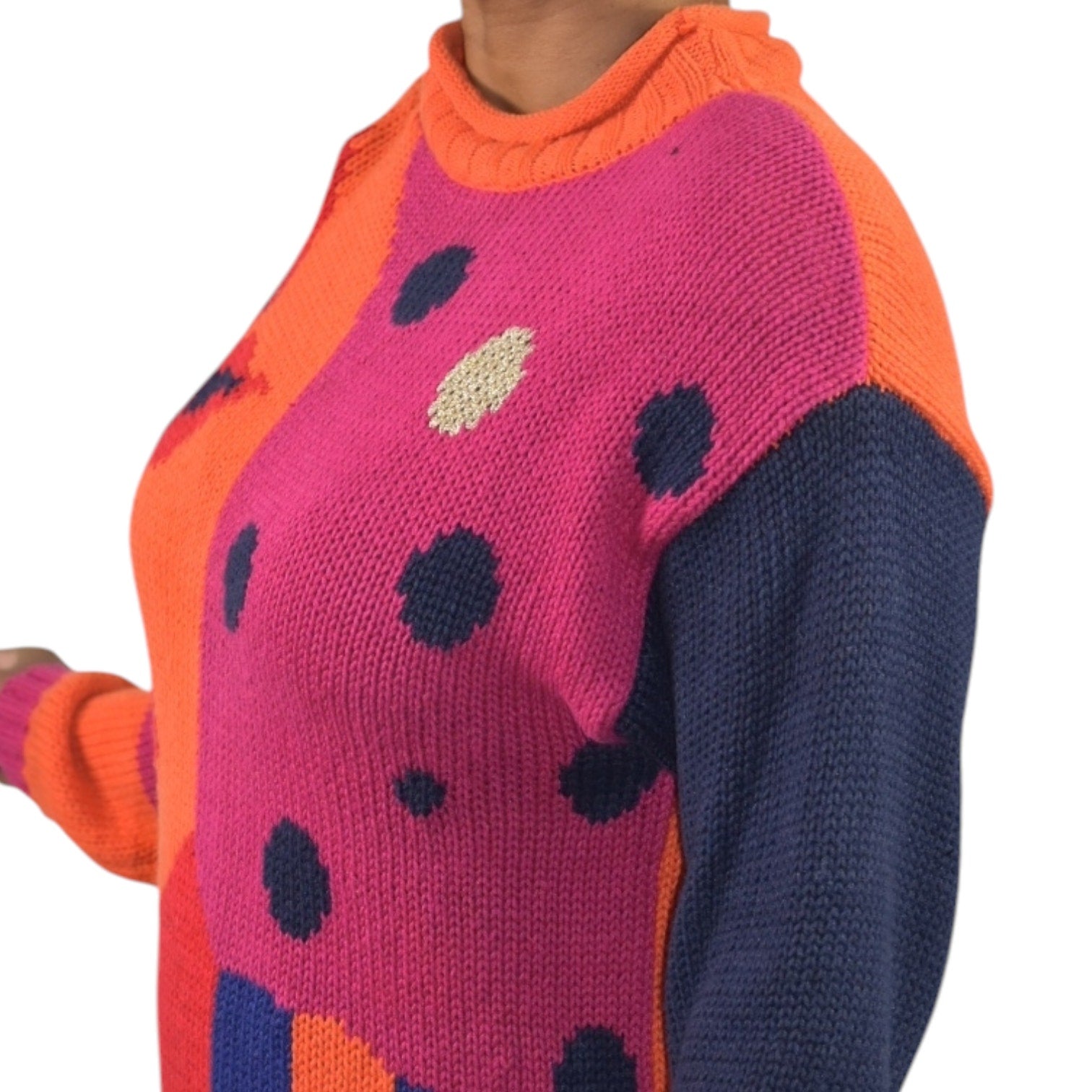 Vintage Pasta Knit Sweater Orange Multi Abstract Print Intarsia Novelty Chunky Shoulder Pads Small