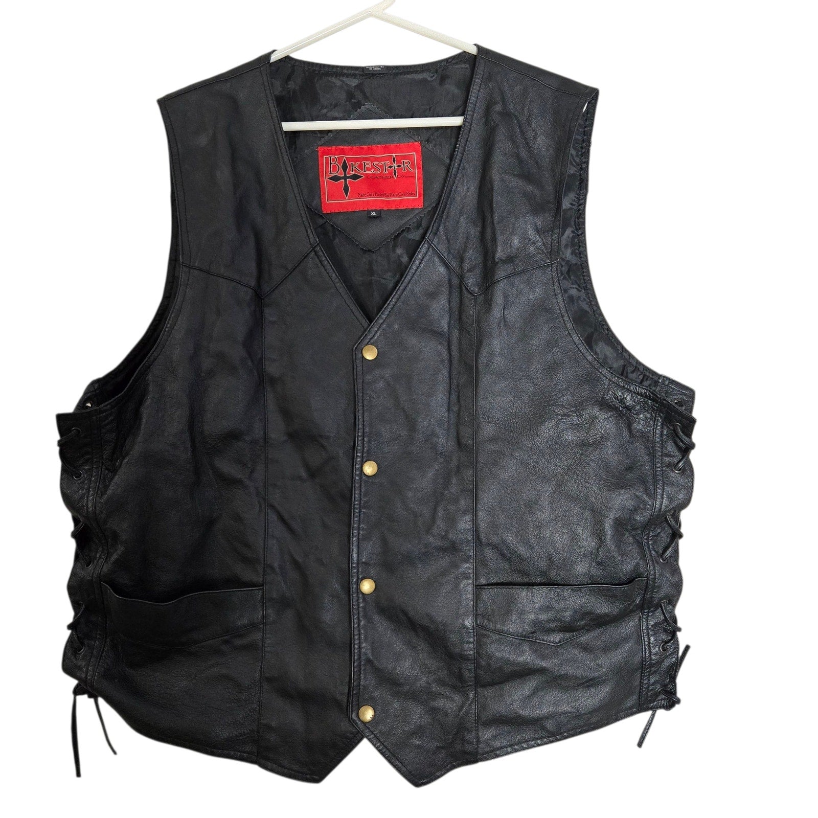 Bikestar Black Leather Vest Biker Motorcycle Punk Rock Lace Up Sides Retro Moto XL