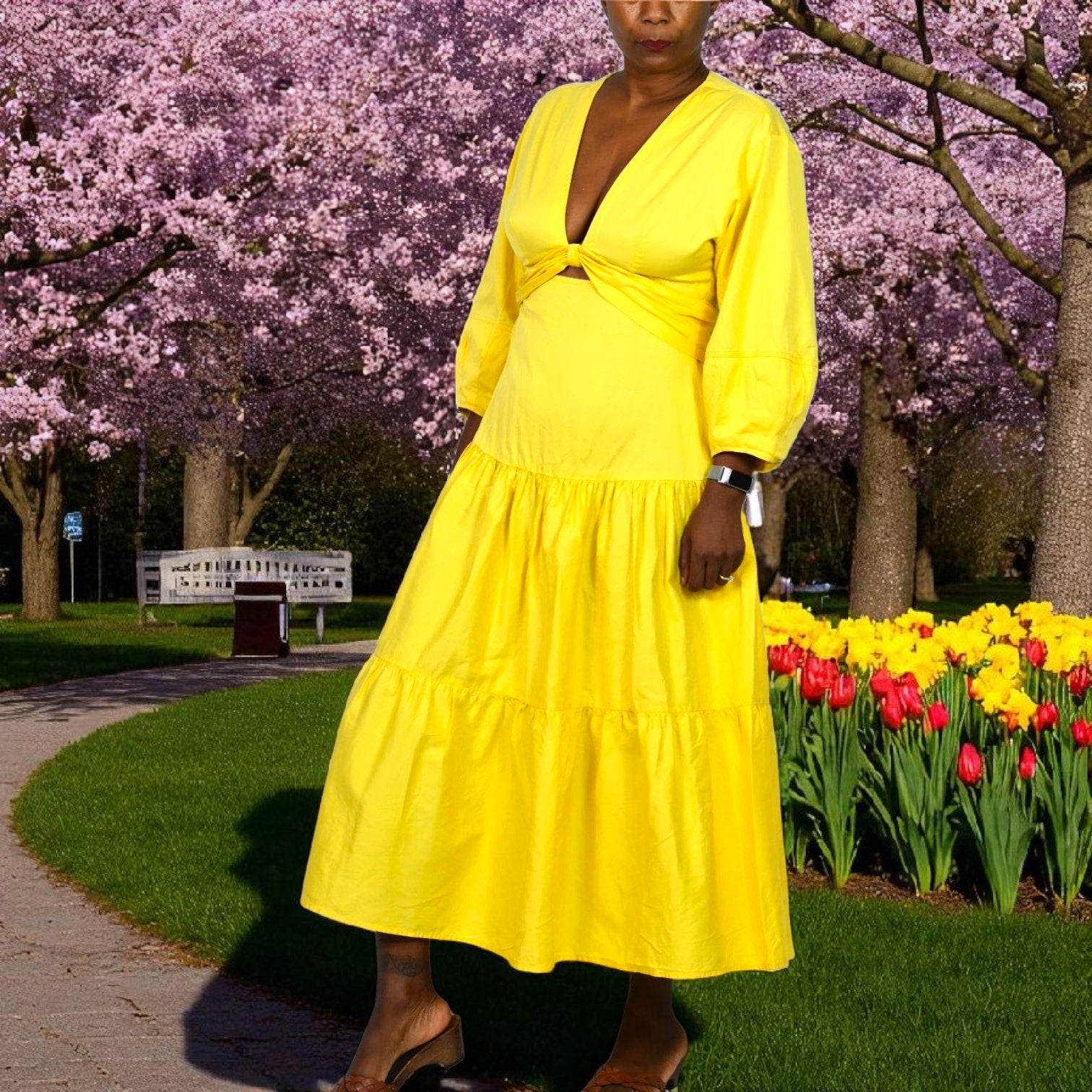 Derek Lam Twist Front Midi Dress Yellow Waist Cutout Poplin Cotton Tiered Medium 40 8
