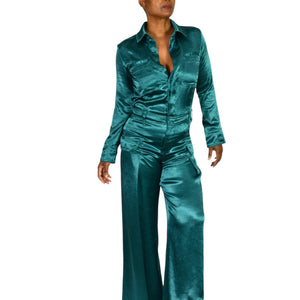 Free People Night Like This One Satin Jumpsuit Green Emerald Jewel Tone Silky Flare Wide Leg Cutout Utility XS