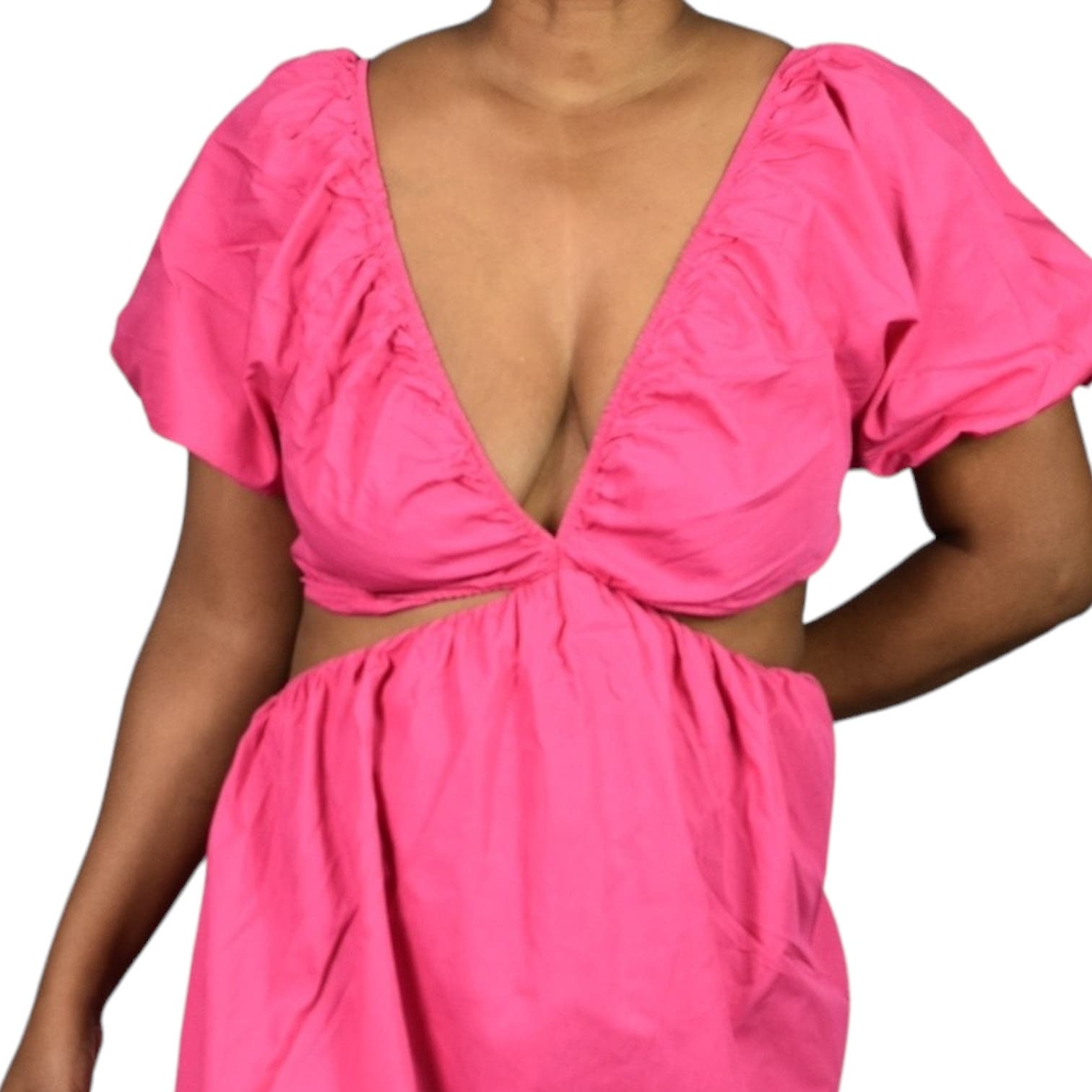 Zara Maxi Dress Hot Pink Waist Cutouts Fuchsia Poplin Cotton Tiered Puff Sleeve Size XL