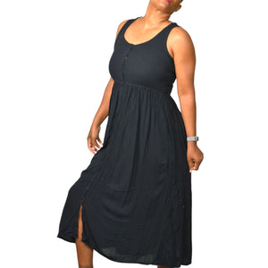 Frye Easy Button Front Dress Black Midi Minimalist Tank Jersey Knit Pockets Rayon XS