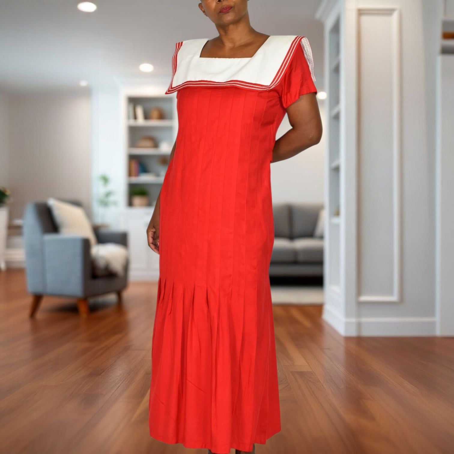 Vintage Sarah Elizabeth Sailor Collar Maxi Dress Red White Nautical Rayon Column Pleated Retro Flapper Medium