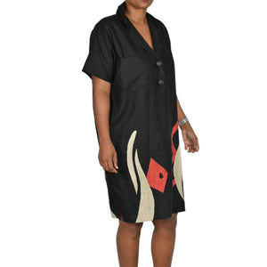 Vintage Andrea Jovine Linen Dress Black Print Abstract Embroidery Cocoon 10 Medium