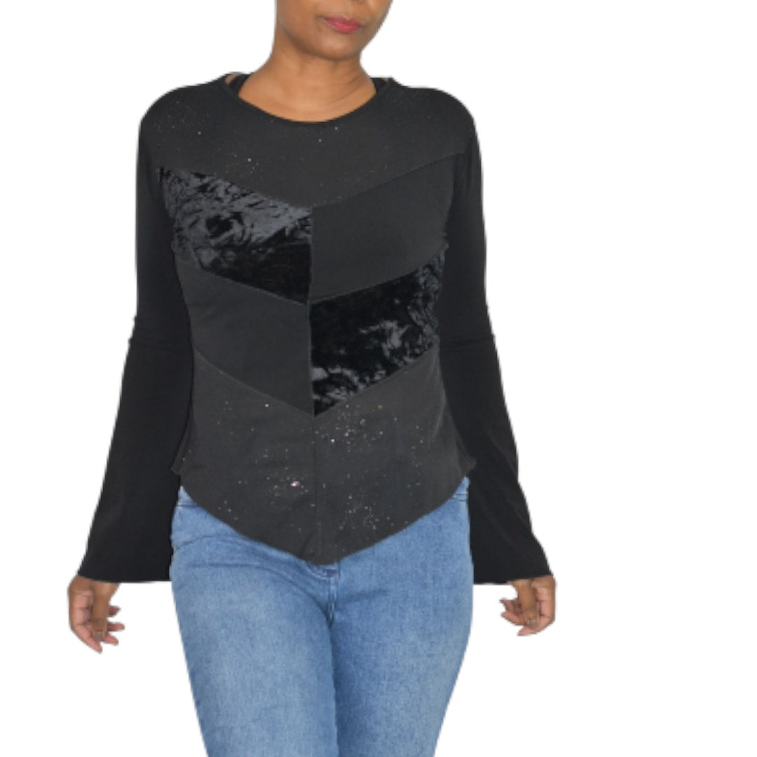 Vintage Ludmilla Paris Bell Sleeve Top Black Velvet Sparkle Y2K France Patchwork Small