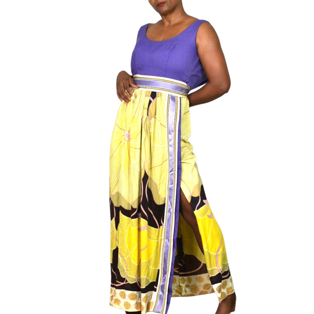 Vintage 70s Maxi Dress Purple Yellow Joseph Brennan Column Straight Linen Print Size XS