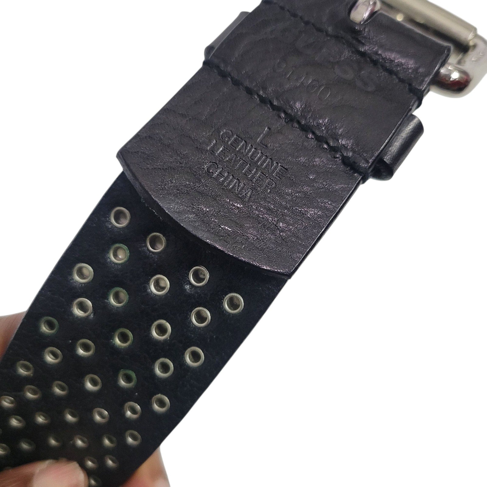 Guess Studded Leather Belt Silver Rivet Black Brass Buckle Edgy Moto Biker Large