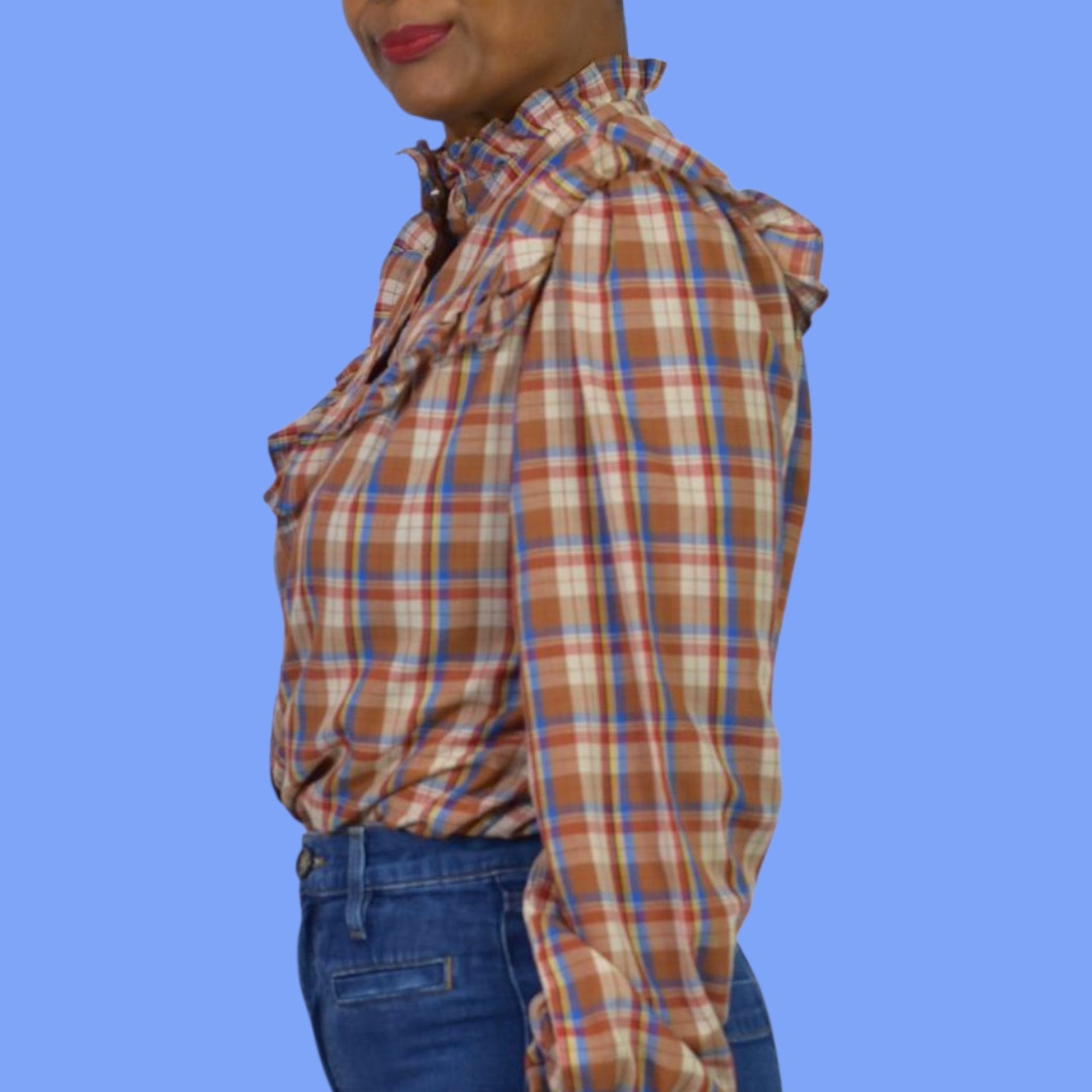 Vintage Plaid Ruffle Blouse Brown Victorian High Neck Shirt Homemade Yoked Small