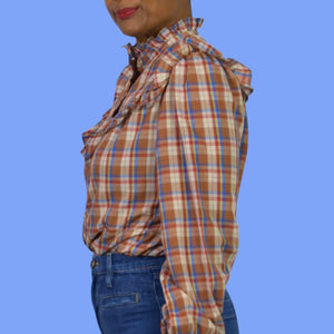 Vintage Plaid Ruffle Blouse Brown Victorian High Neck Shirt Homemade Yoked Small