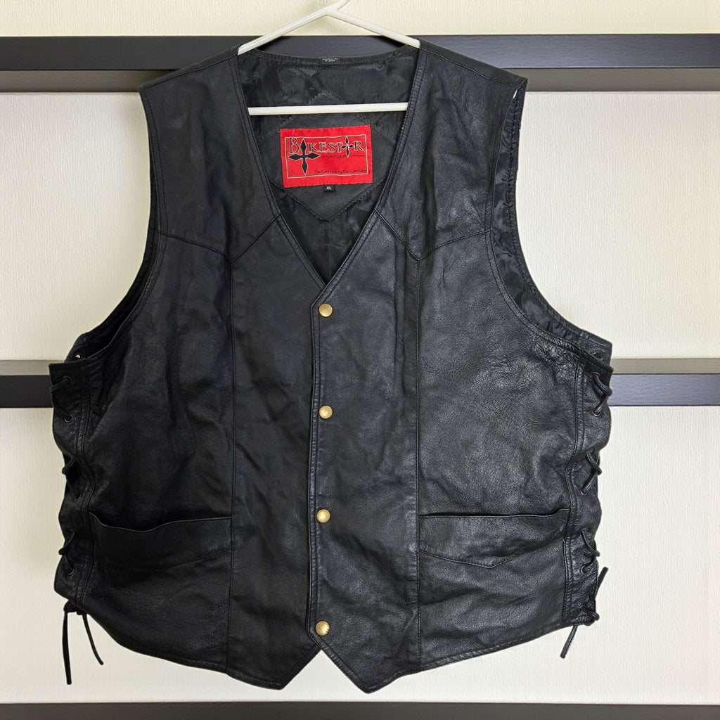Bikestar Black Leather Vest Biker Motorcycle Punk Rock Lace Up Sides Retro Moto XL