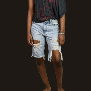 Ksubi Jean Shorts Light Blue Destroyed Heavy Distressed Denim Longline Mid Rise Cutoff Raw Hem Cotton 26