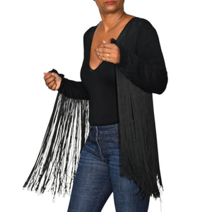 ASOS Fringe Bodysuit Black Plunge V Neck Long Sleeve Top Stretch Statement Blouse 6