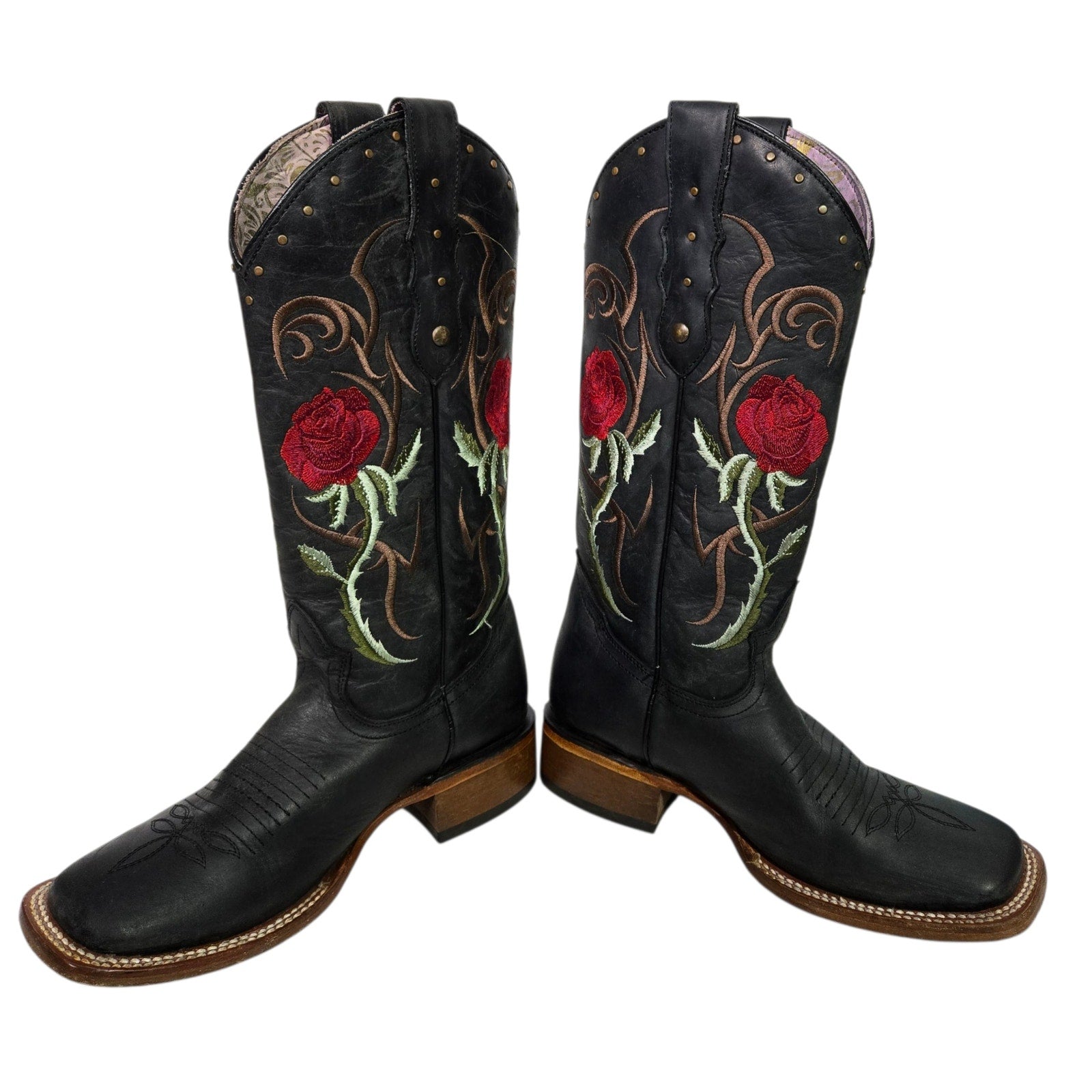 Rockem Rose Embroidered Cowboy Boots Black Western Cowgirl Square Toe Leather 7 Girls