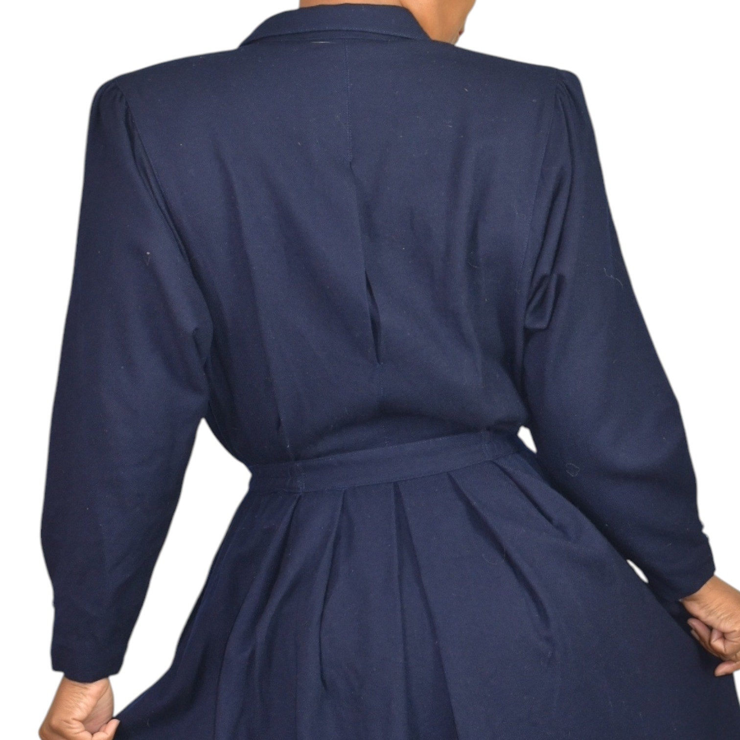 Blue Berry Retro Office Midi Dress Blue Navy Shirt Shoulder Pads Collar Pleated Small 2 4