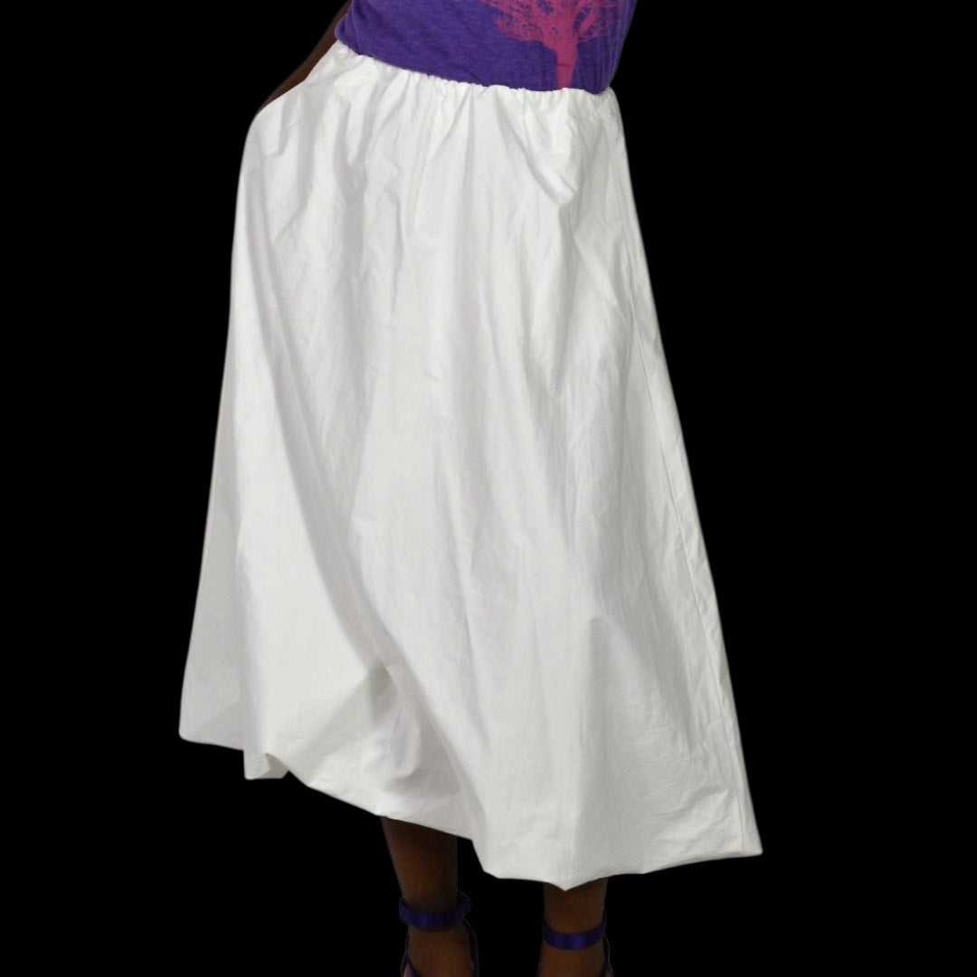 Zara Bubble Midi Skirt White Poplin Balloon Hem Pockets Billowy Elastic Waist XS