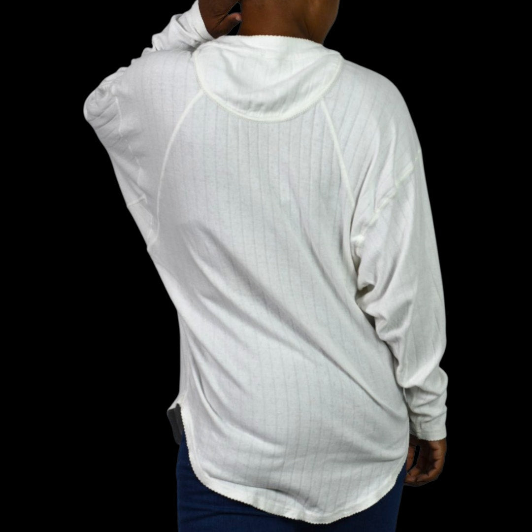 Free People Coffee Chat Pullover Top White Henley Tunic Pointelle Knit Ribbed Oversized Medium
