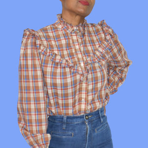 Vintage Plaid Ruffle Blouse Brown Victorian High Neck Shirt Homemade Yoked Small