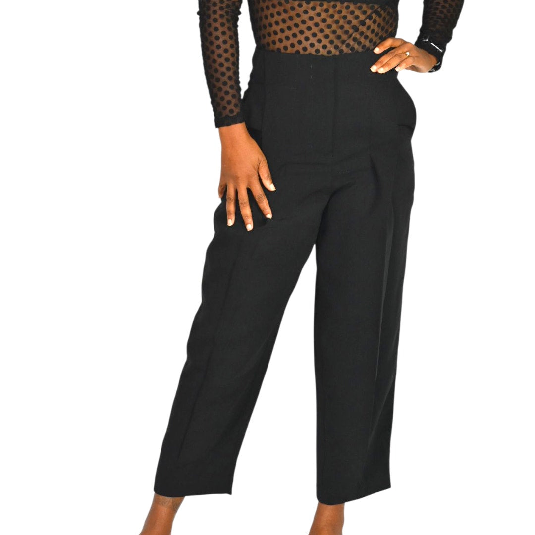 Tout a Coup Pleat Crop Trouser Pants Black High Waist Crepe Dress Evening Business Casual Tapered XS