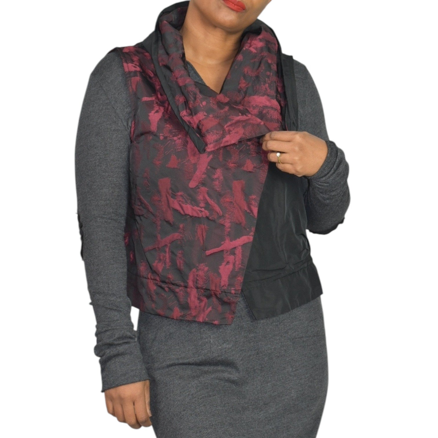 EverySassy Dolcezza Vest Red Burgundy Jacquard Asymmetric Lagenlook Wearable Art Small