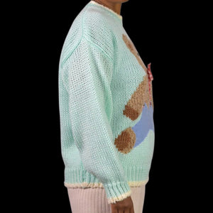 Vintage Far and Near Teddy Bear 3D Sweater Green Pastel Textured Fairy Kei Kawaii 90s Campy Novelty Large