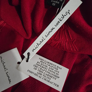 Michael Simon Cardigan Sweater Red Duster Beaded Christmas Trees Asymmetric Cotton Plus 1X