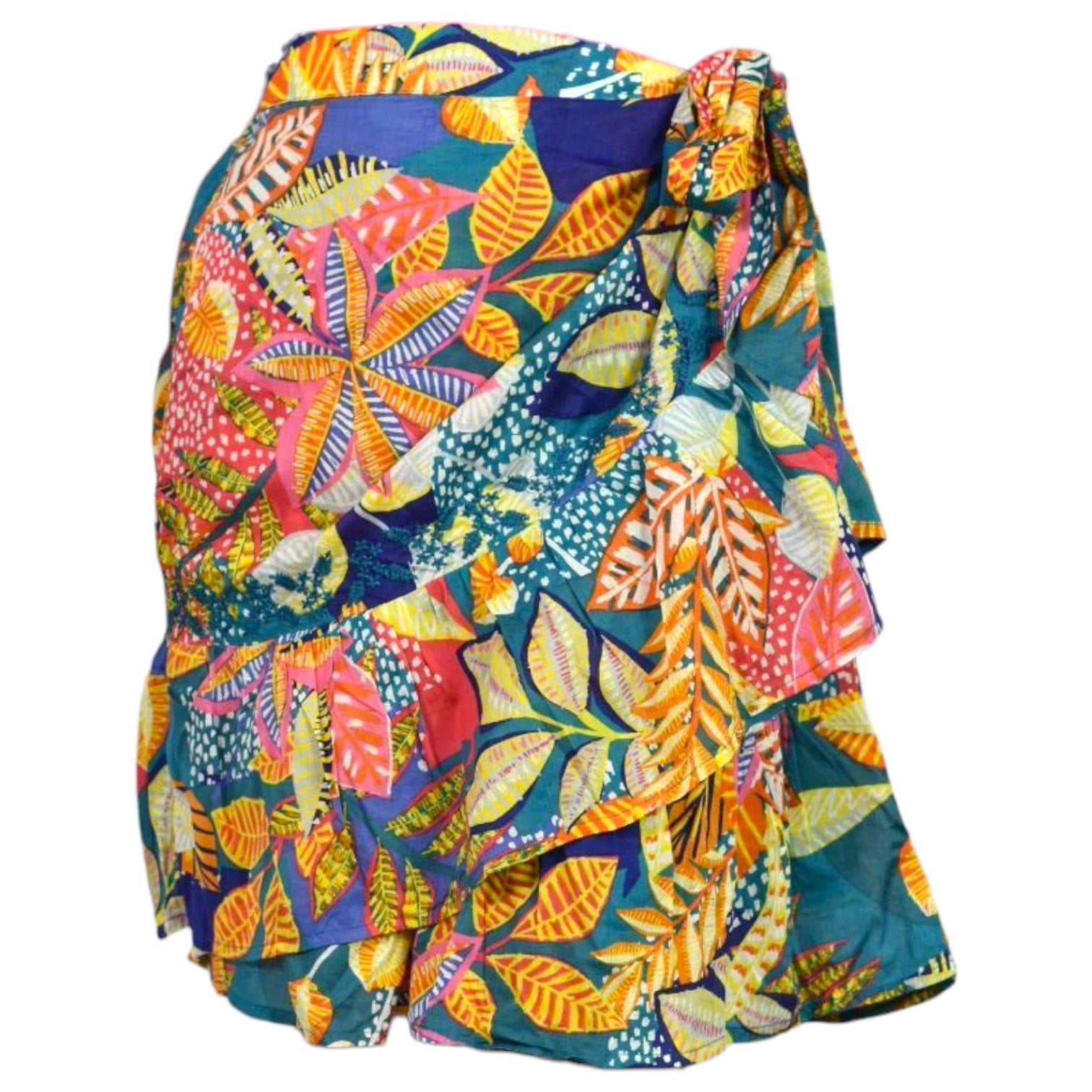 Cynthia Rowley Wrap Skirt Colorful Blue Tropical Foliage Leaf Print Tiered Sarong Large