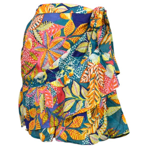 Cynthia Rowley Wrap Skirt Colorful Blue Tropical Foliage Leaf Print Tiered Sarong Large