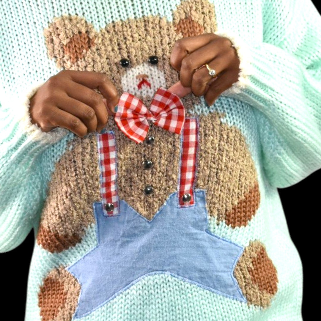 Vintage Far and Near Teddy Bear 3D Sweater Green Pastel Textured Fairy Kei Kawaii 90s Campy Novelty Large